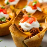 Close-up of taco cupcakes topped with seasoned beef, melted cheese, sour cream, and fresh tomato salsa.