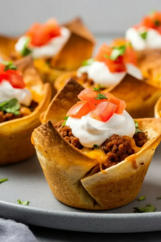 Close-up of taco cupcakes topped with seasoned beef, melted cheese, sour cream, and fresh tomato salsa.