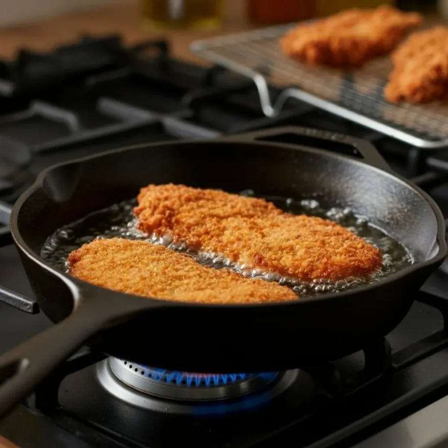 Crispy fried chicken fillets cooking in a cast-iron skillet with a wire rack in the background.