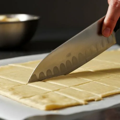 Close-up of a chef cutting dough into squares with a sharp knife.