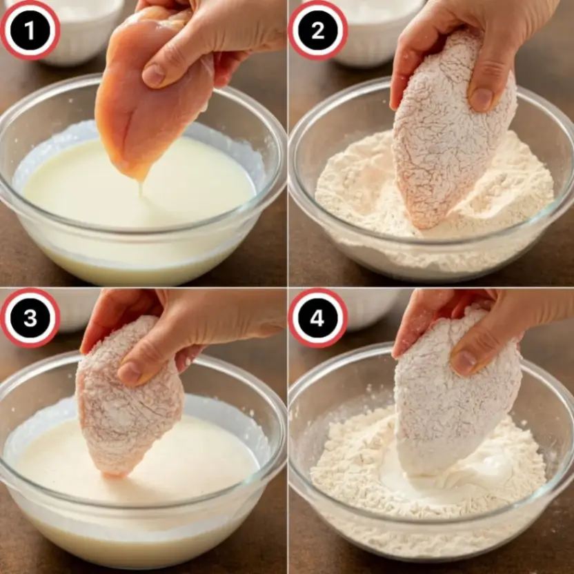 A person double-dipping chicken breasts in buttermilk and flour for extra crunch.