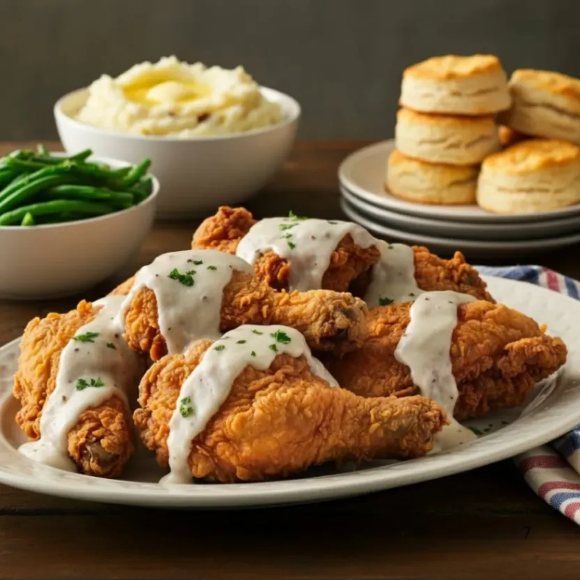 Plate of crispy fried chicken with gravy, mashed potatoes, green beans, and biscuits.