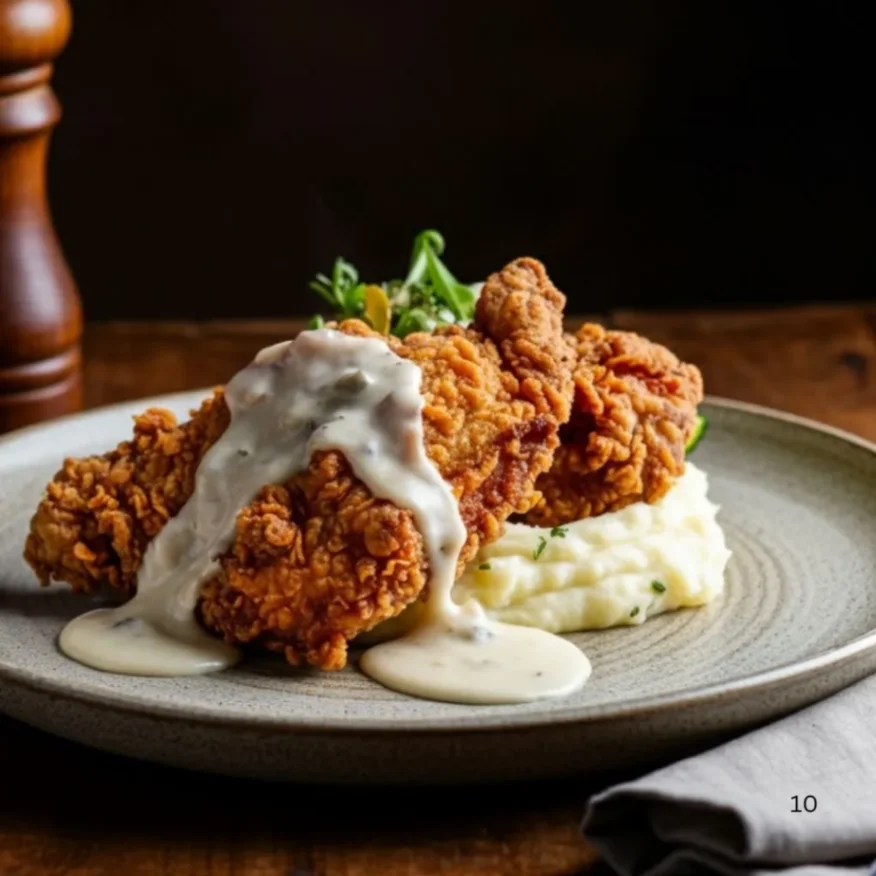 Fried chicken with creamy gravy served over mashed potatoes, garnished with fresh herbs.