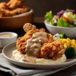 Crispy fried chicken with gravy served over mashed potatoes, accompanied by corn, broccoli, and salad.