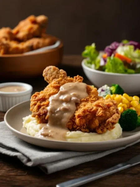 Crispy fried chicken with gravy served over mashed potatoes, accompanied by corn, broccoli, and salad.