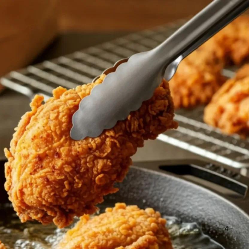 Tongs lifting a crispy fried chicken piece from a cast-iron skillet with a wire rack in the background.