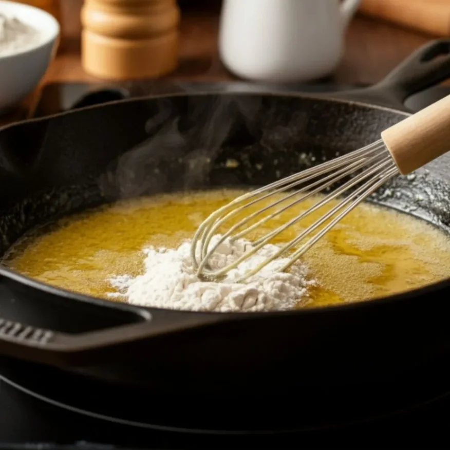 Whisking flour into oil and flour mixture in a cast-iron skillet to make a roux for gravy.