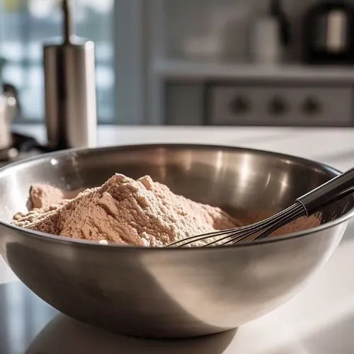 A close-up of a metal bowl filled with flour and dry ingredients, with kitchen appliances in the background.