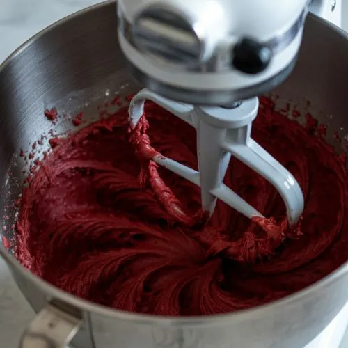 A stand mixer is blending red velvet cake batter in a metal bowl.