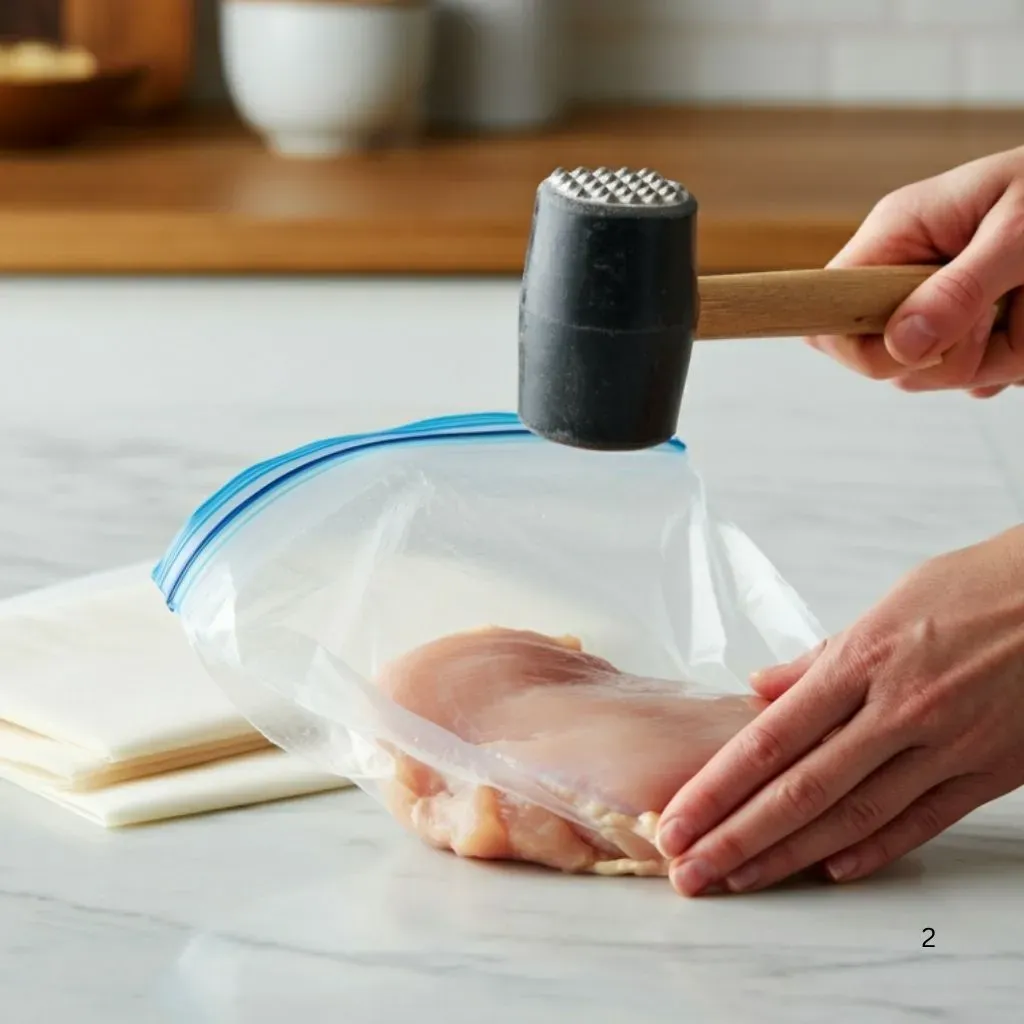 A person using a meat mallet to pound chicken breasts inside a plastic bag on a kitchen countertop.