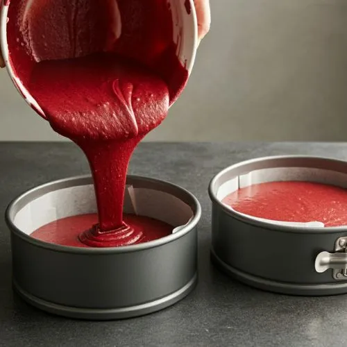 Pouring red velvet cake batter into round cake pans, ready for baking.