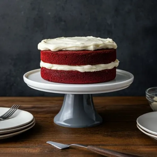 A two-layer red velvet cake with cream cheese frosting on a cake stand.