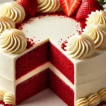 A sliced red velvet cake topped with fresh strawberries and cream swirls, showing the layers inside.