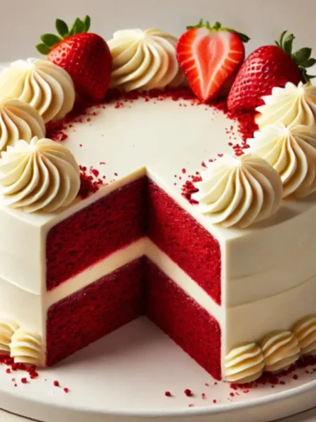 A sliced red velvet cake topped with fresh strawberries and cream swirls, showing the layers inside.