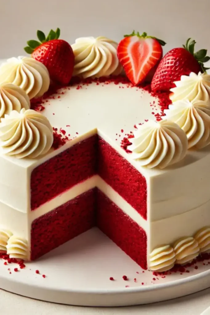 A sliced red velvet cake topped with fresh strawberries and cream swirls, showing the layers inside.