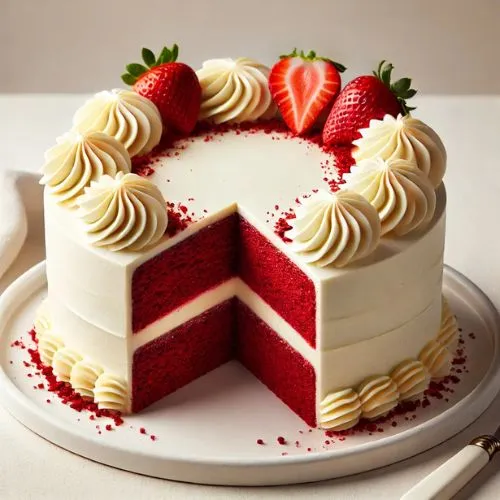 A red velvet cake decorated with whipped cream and fresh strawberries, with a slice cut out.