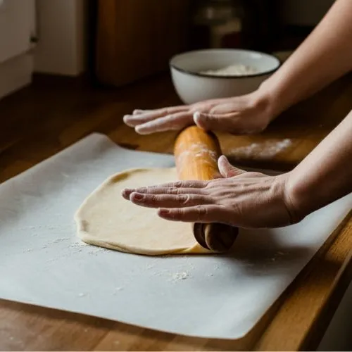 Person rolling dough with a rolling pin on parchment paper in a kitchen.