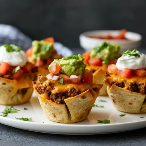 Taco cupcakes topped with seasoned beef, cheese, sour cream, guacamole, and fresh tomato salsa.