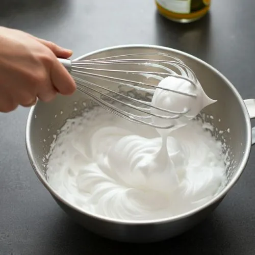 A hand is holding a whisk over a bowl of whipped egg whites.