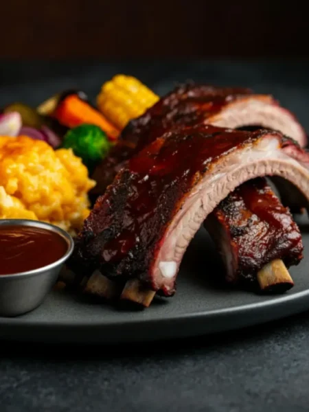 Juicy smoked baby back ribs with a caramelized glaze, served with mac and cheese, grilled vegetables, and barbecue sauce on a plate.