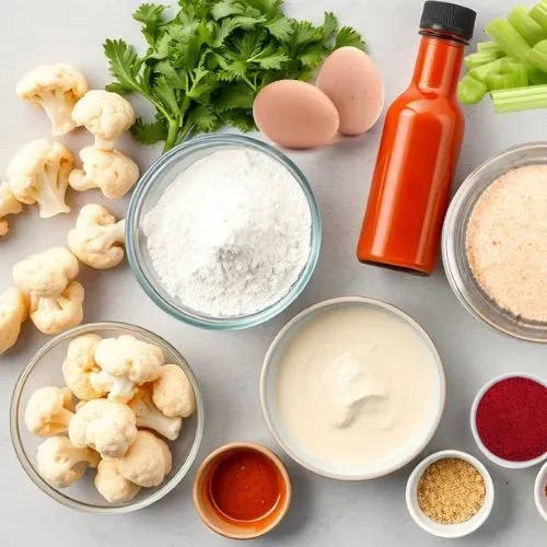 Ingredients for making air fryer buffalo cauliflower including cauliflower florets, flour, hot sauce, spices, and dipping sauce.