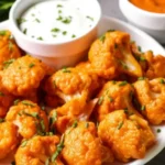 Plate of crispy air fryer buffalo cauliflower bites garnished with chives, served with ranch and buffalo dipping sauces.