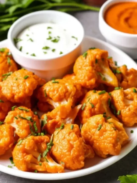 Plate of crispy air fryer buffalo cauliflower bites garnished with chives, served with ranch and buffalo dipping sauces.