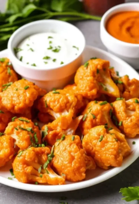 Plate of crispy air fryer buffalo cauliflower bites garnished with chives, served with ranch and buffalo dipping sauces.