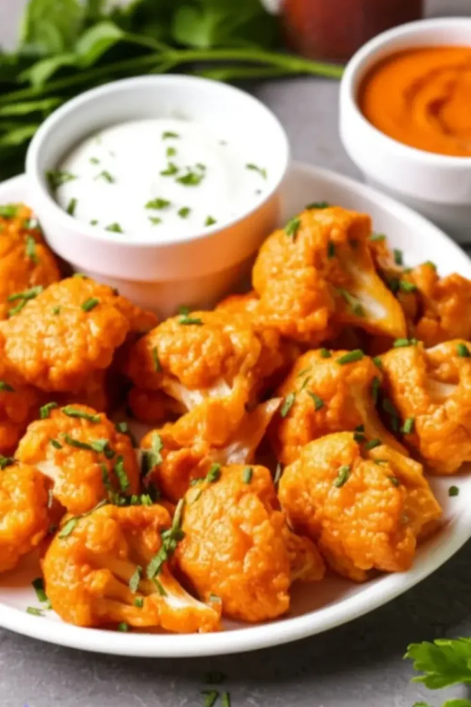 Plate of crispy air fryer buffalo cauliflower bites garnished with chives, served with ranch and buffalo dipping sauces.