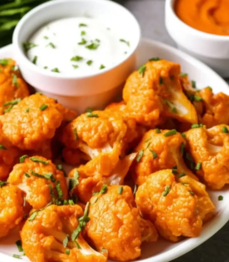 Plate of crispy air fryer buffalo cauliflower bites garnished with chives, served with ranch and buffalo dipping sauces.