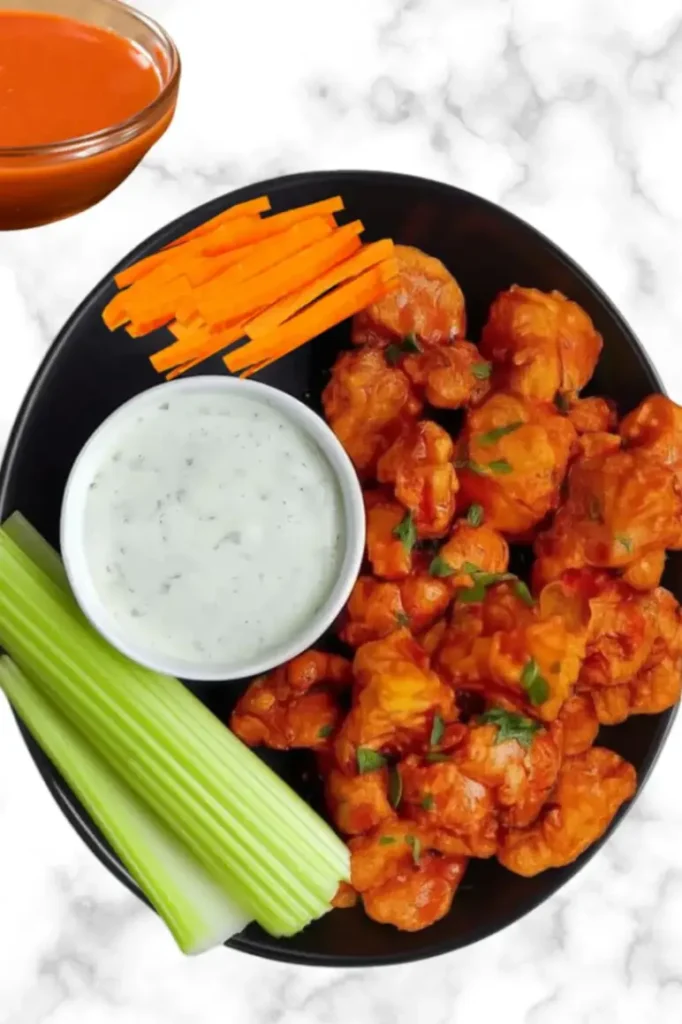 Air fryer buffalo cauliflower wings served with ranch dip, celery sticks, carrot sticks, and extra buffalo sauce in a black bowl.