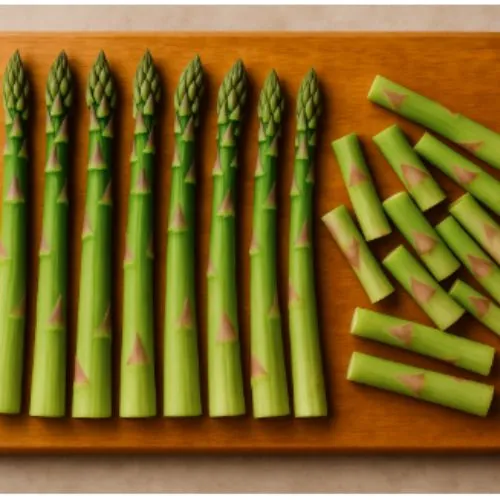 Fresh green asparagus spears lined up on a wooden cutting board with trimmed stalk ends neatly arranged to the side.