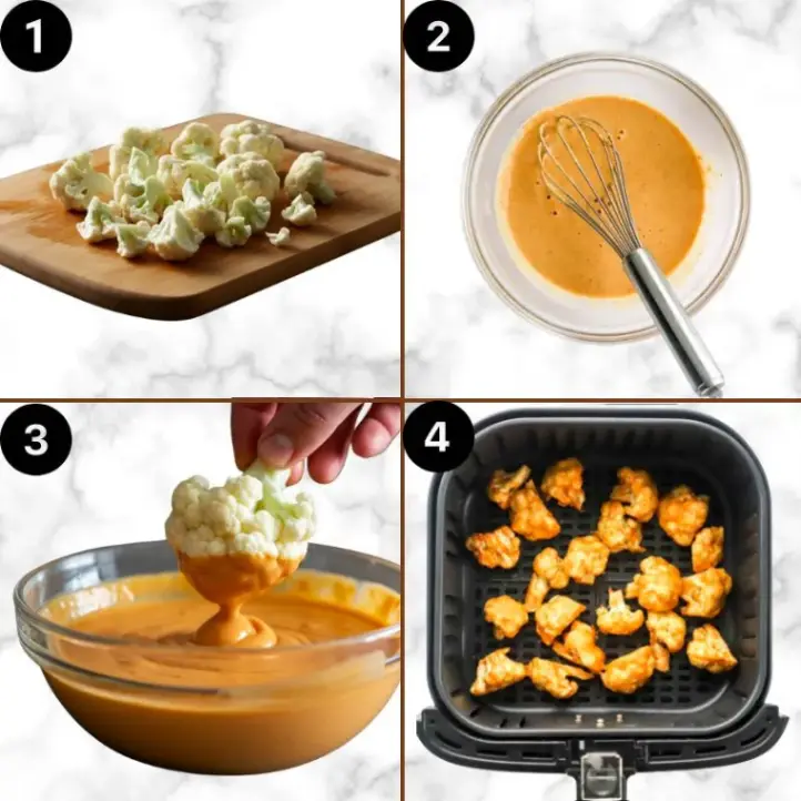 Step-by-step process of making buffalo cauliflower in an air fryer, from cutting florets to dipping in batter and air frying.