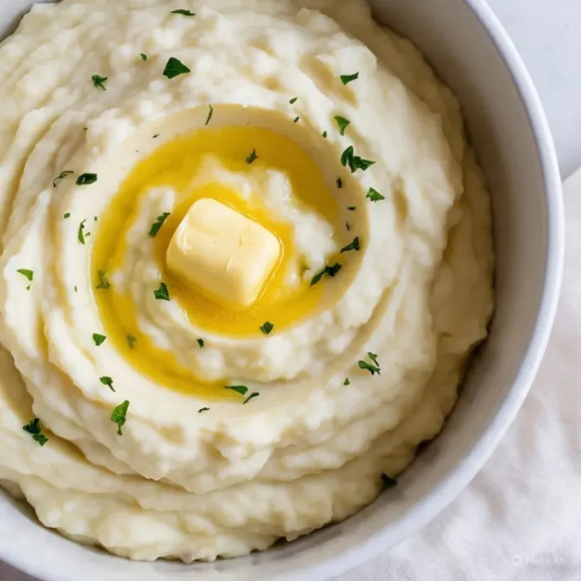 Creamy mashed potatoes served in a white bowl, topped with a pat of butter and garnished with chopped parsley.