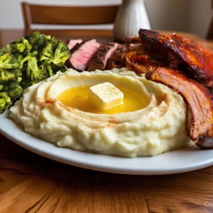Plate of creamy mashed potatoes with butter, served with steamed broccoli and smoked ribs.