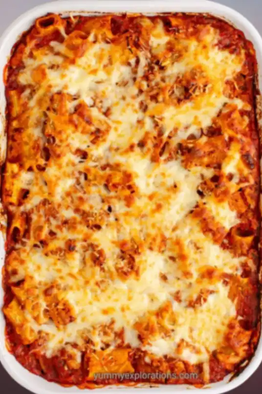 Baked pasta casserole topped with melted golden cheese and tomato sauce, served in a white rectangular baking dish.