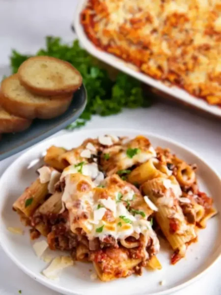 Plated cheesy rigatoni pasta with meat sauce, garnished with herbs and Parmesan, served with garlic bread and baked pasta dish.