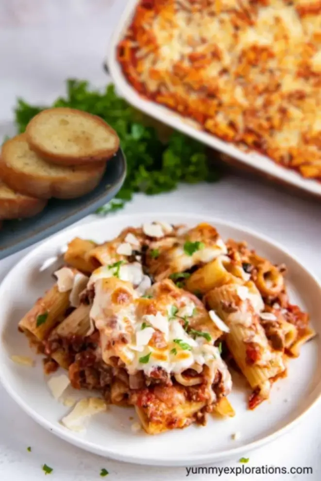 Plated cheesy rigatoni pasta with meat sauce, garnished with herbs and Parmesan, served with garlic bread and baked pasta dish.