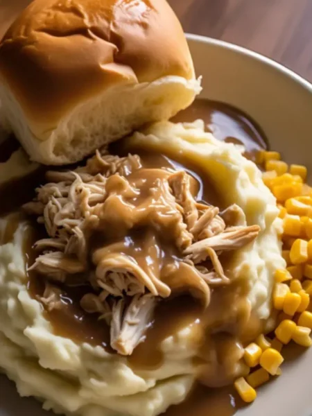 Mashed potatoes with shredded chicken and gravy, served with corn and a soft dinner roll on a white plate.