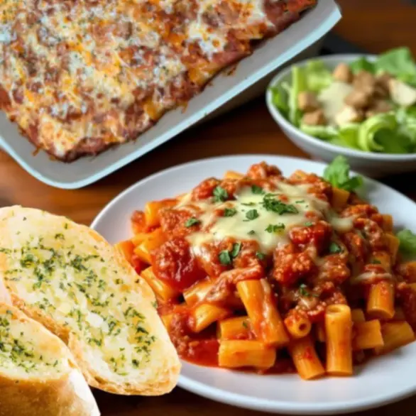 A full Italian meal with baked rigatoni, cheesy pizza, garlic bread slices, and a Caesar salad in the background.