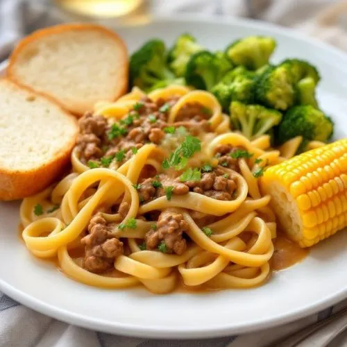 A plate of creamy beef stroganoff garnished with parsley, served with broccoli, corn on the cob, and garlic bread.