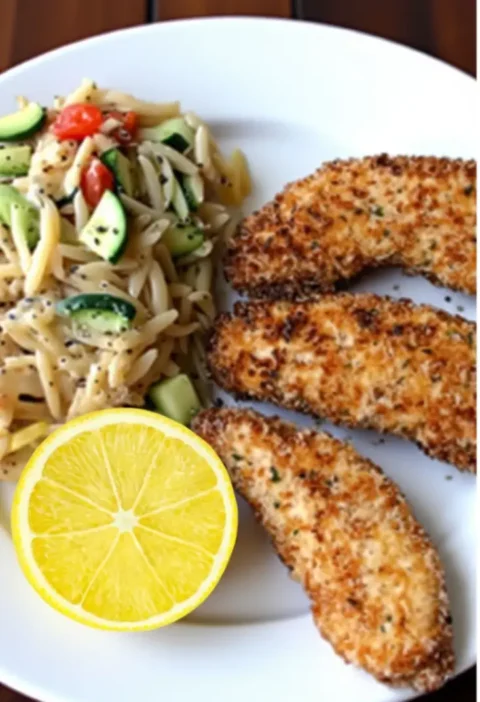 Crispy panko-breaded air fryer chicken tenders served with orzo pasta salad, zucchini, cherry tomatoes, and a fresh lemon wedge on a white plate.