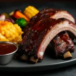 Juicy smoked baby back ribs with a caramelized glaze, served with mac and cheese, grilled vegetables, and barbecue sauce on a plate.