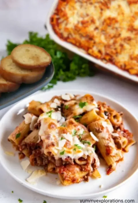 Plated cheesy rigatoni pasta with meat sauce, garnished with herbs and Parmesan, served with garlic bread and baked pasta dish.