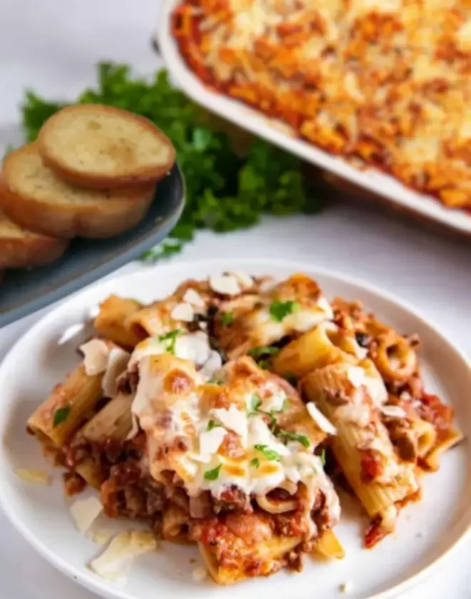 Plated cheesy rigatoni pasta with meat sauce, garnished with herbs and Parmesan, served with garlic bread and baked pasta dish.