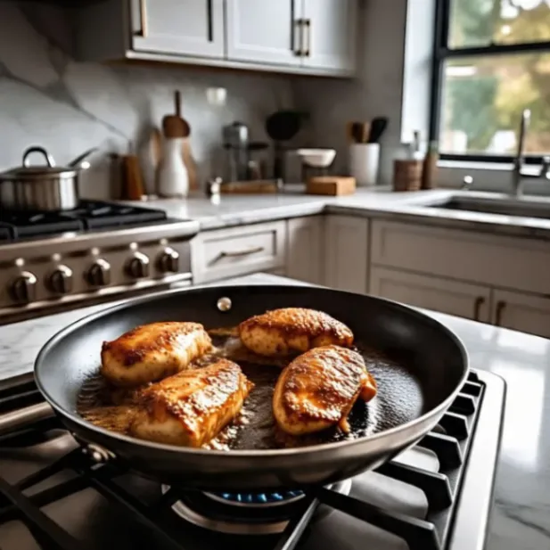 Juicy chicken breasts searing in a hot skillet on a stovetop in a modern kitchen with white cabinets and marble counters.