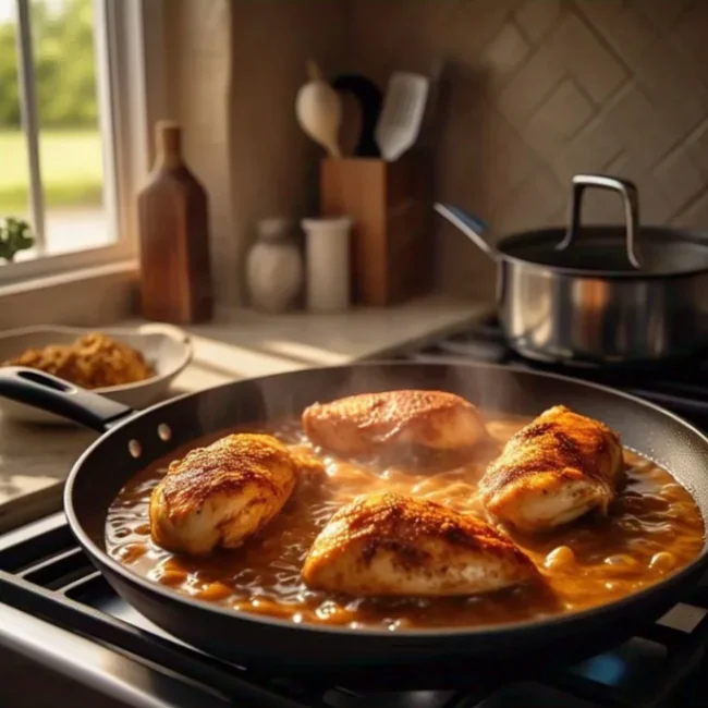 Four seasoned chicken breasts simmer in a rich brown sauce in a skillet on a stovetop in a warmly lit kitchen.