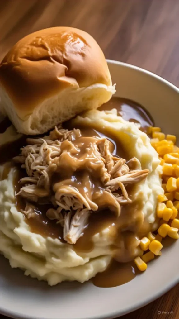 Mashed potatoes with shredded chicken and gravy, served with corn and a soft dinner roll on a white plate.