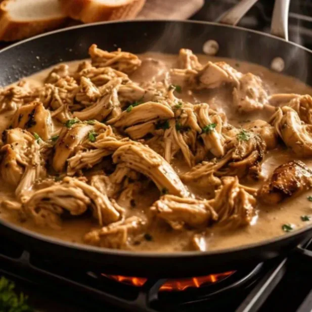 Tender shredded chicken simmering in a creamy, herb-seasoned sauce in a skillet over an open gas flame on a stovetop.